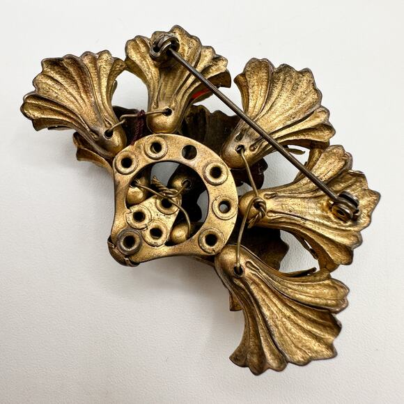 Czech Floral Bouquet Brooch c 20s Vtg Miriam Haskell Style Uranium Glass Beads - Picture 7 of 13